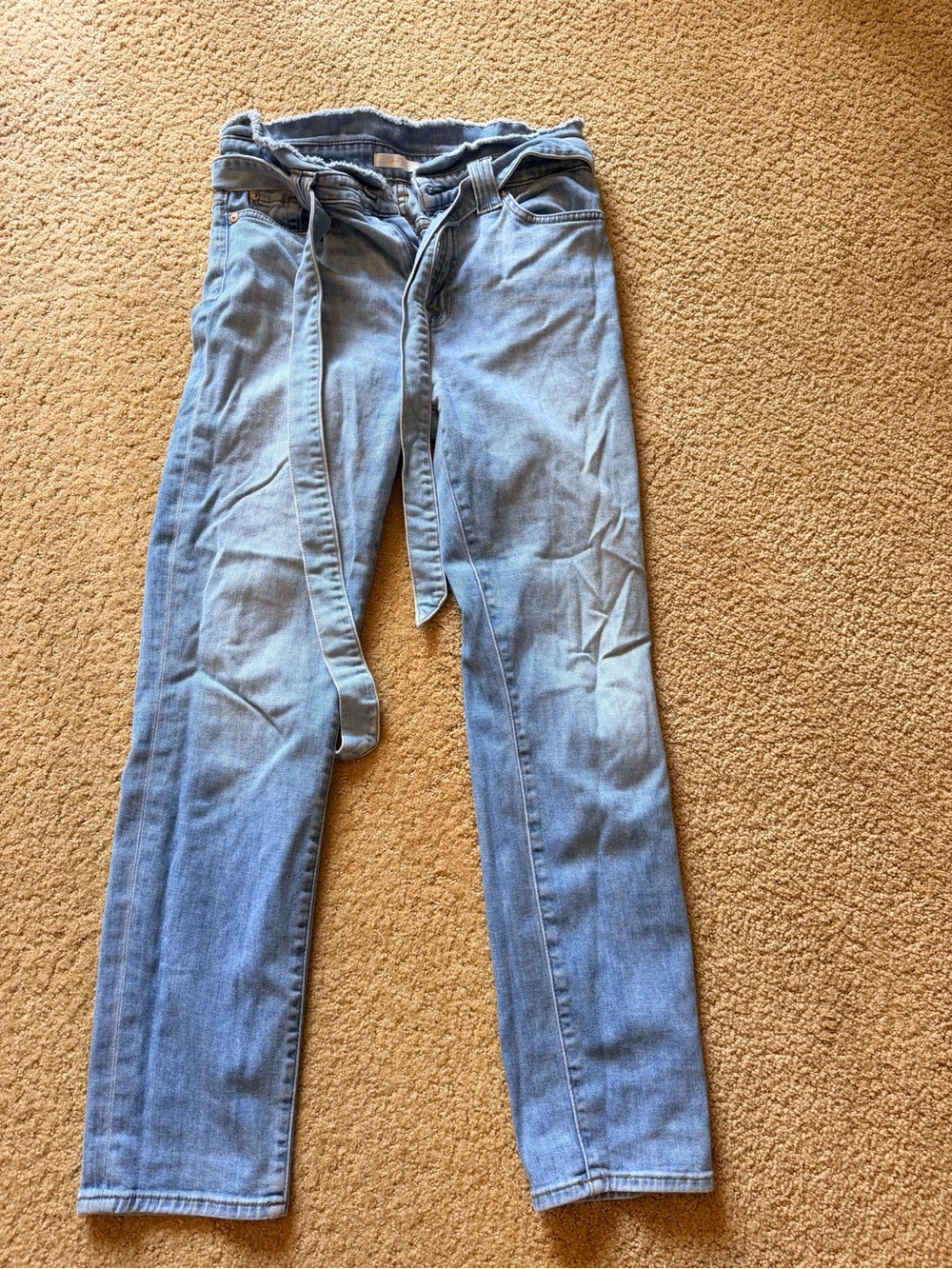 7 For All Mankind Light Blue Slim Straight Jeans with Waist Tie. Paper bag jeans